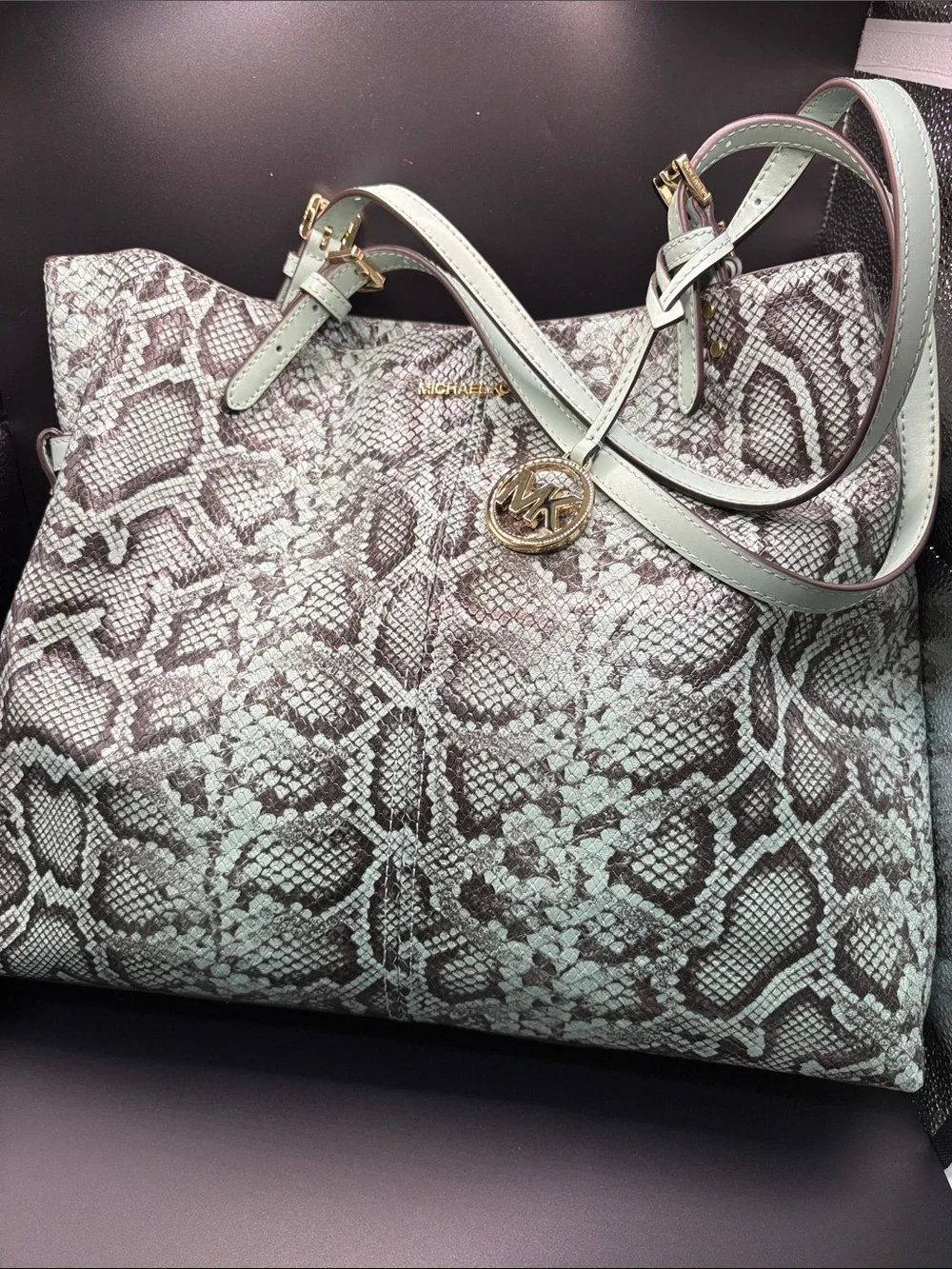 Michael Kors Mint Snake-Print Tote with Matching Wristlet and White Sneakers